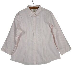 LL Bean Womens Wrinkle Resistant Button Up Down Shirt Pink Striped XL 3/4 Sleeve